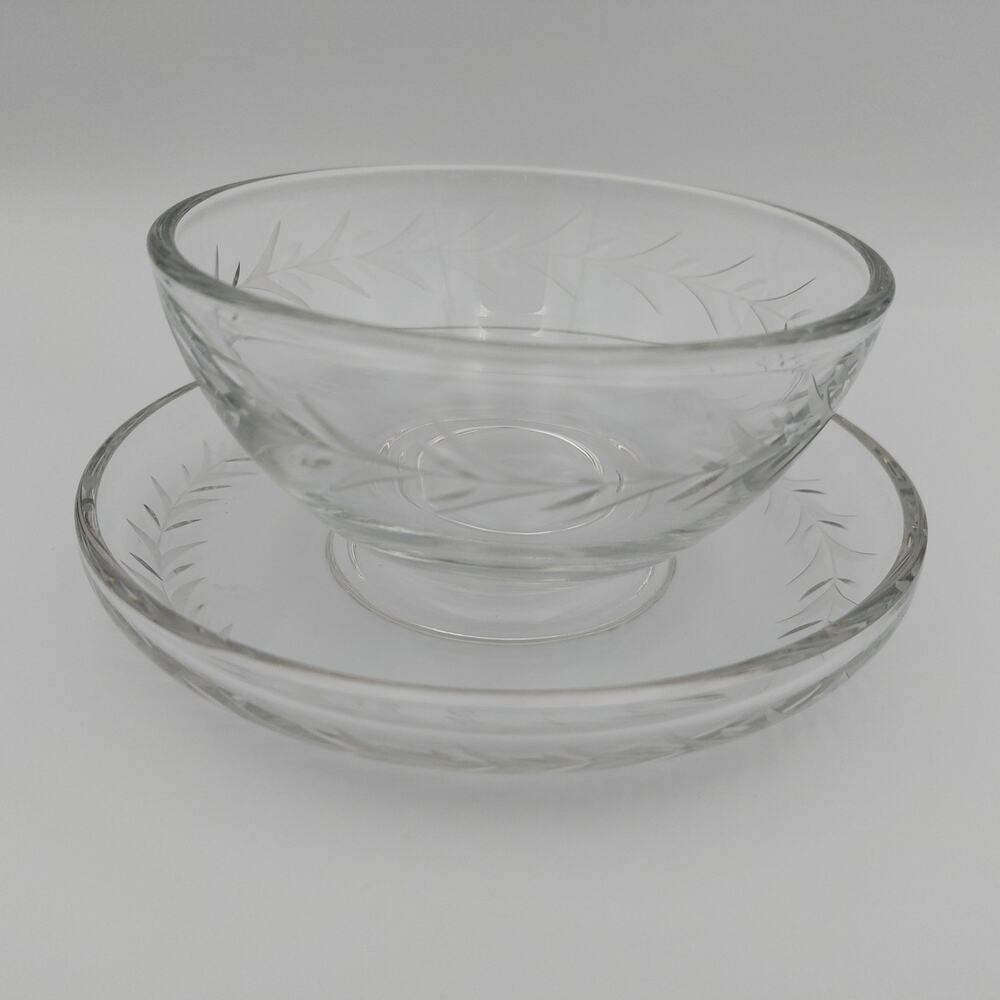 Vintage Anchor Hocking Laurel Gray Cut Clear Glass Footed Dessert BowlPlate Set